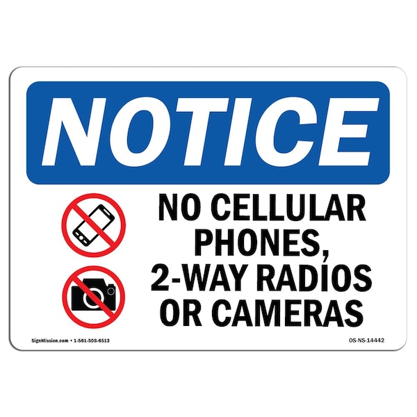 Sign, 7" H, Aluminum, No Cellular Phones 2-Way Radios Sign With Symbol, Landscape, L-14442
